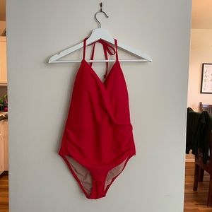 Red wrap halter one piece